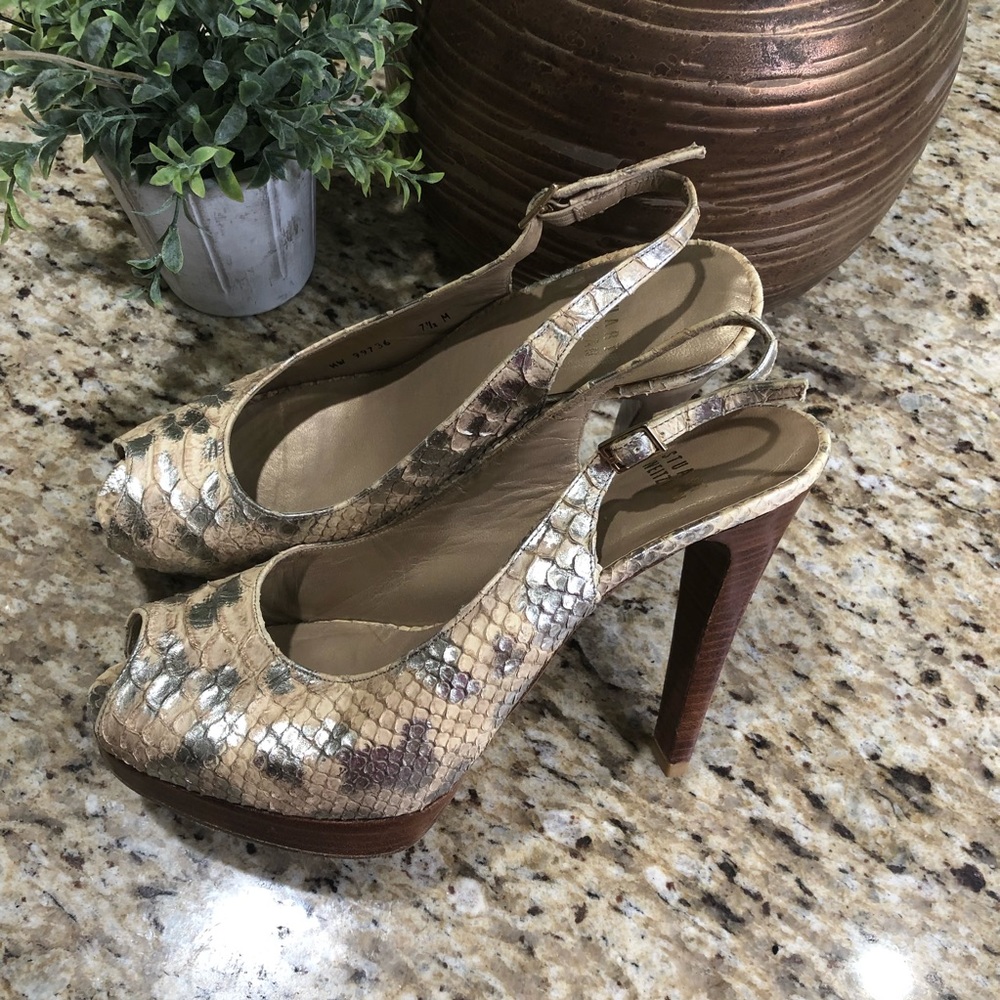 Stuart Weitzman Snakeskin Slingback Metallic & Neutral Heel Pumps 7.5